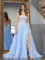 Jordan | Sky Blue A-Line Tiered Sequins Tulle Long Prom Dress by KissProm