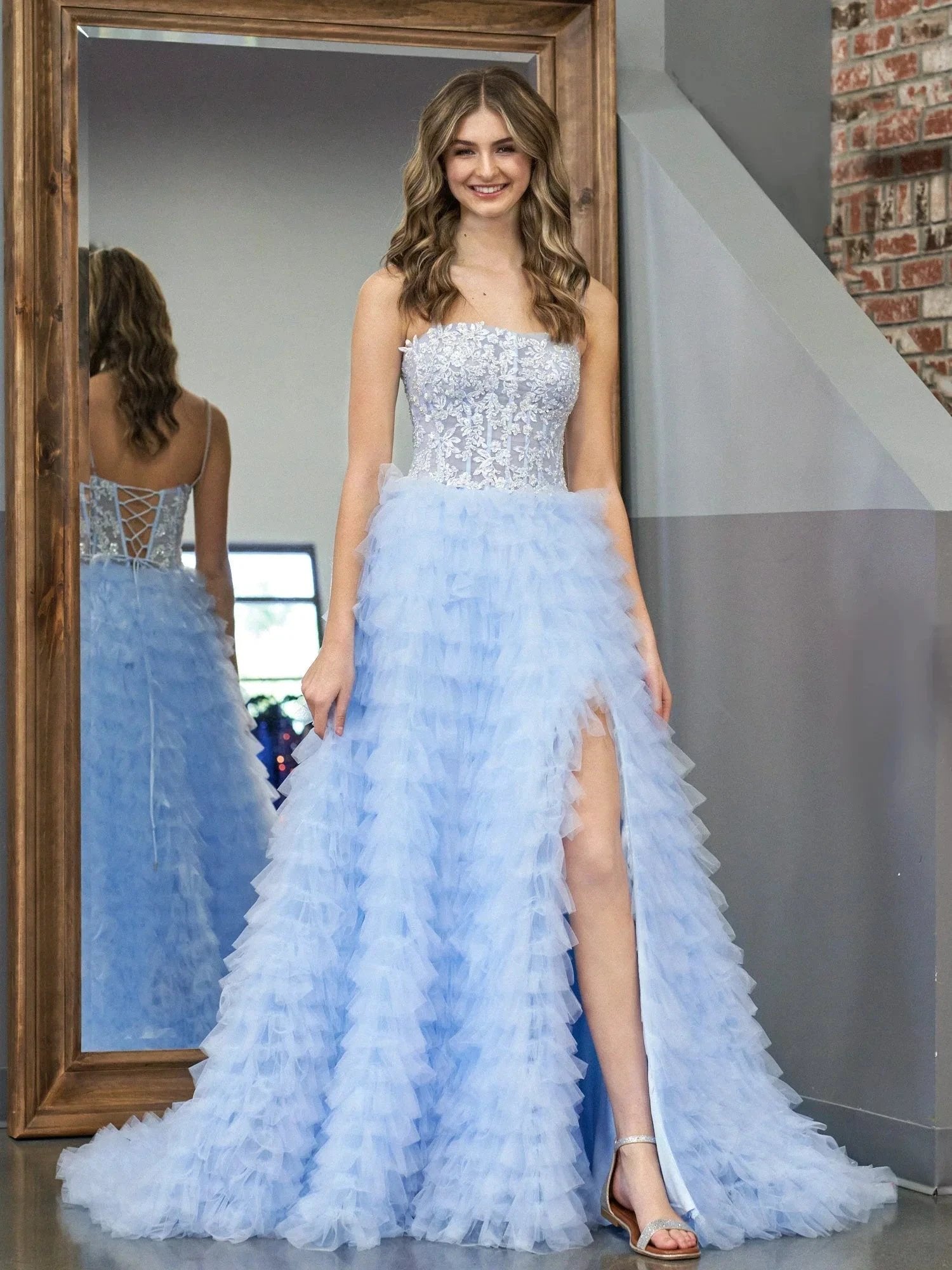 Jordan | Sky Blue A-Line Tiered Sequins Tulle Long Prom Dress by KissProm
