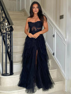 Adella | A-Line Tulle Blush Tiered Long Corset Strapless Prom Dress with Appliques by KissProm