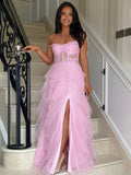 Adella | A-Line Tulle Blush Tiered Long Corset Strapless Prom Dress with Appliques by KissProm