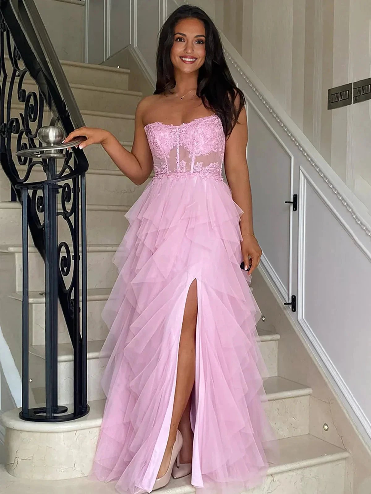 Adella | A-Line Tulle Blush Tiered Long Corset Strapless Prom Dress with Appliques by KissProm