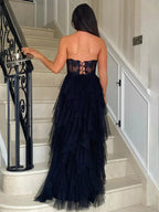 Adella | A-Line Tulle Blush Tiered Long Corset Strapless Prom Dress with Appliques by KissProm