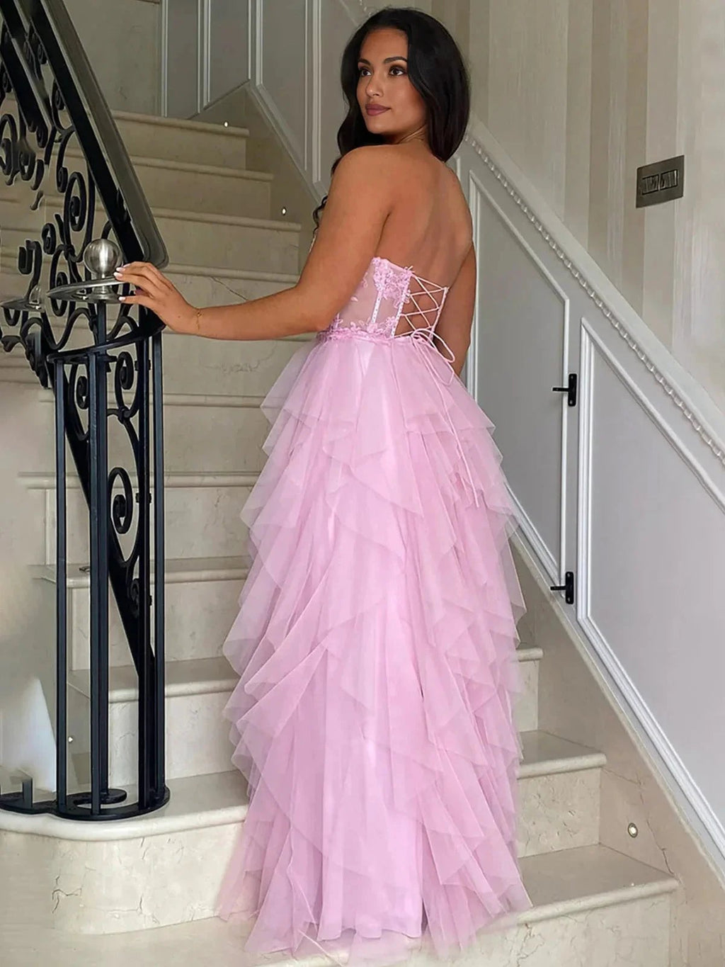 Adella | A-Line Tulle Blush Tiered Long Corset Strapless Prom Dress with Appliques by KissProm