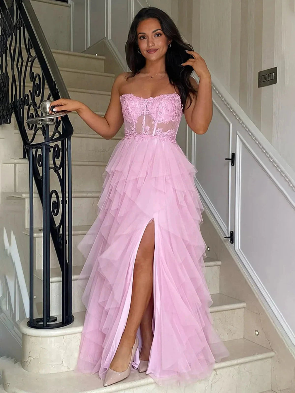 Adella | A-Line Tulle Blush Tiered Long Corset Strapless Prom Dress with Appliques by KissProm