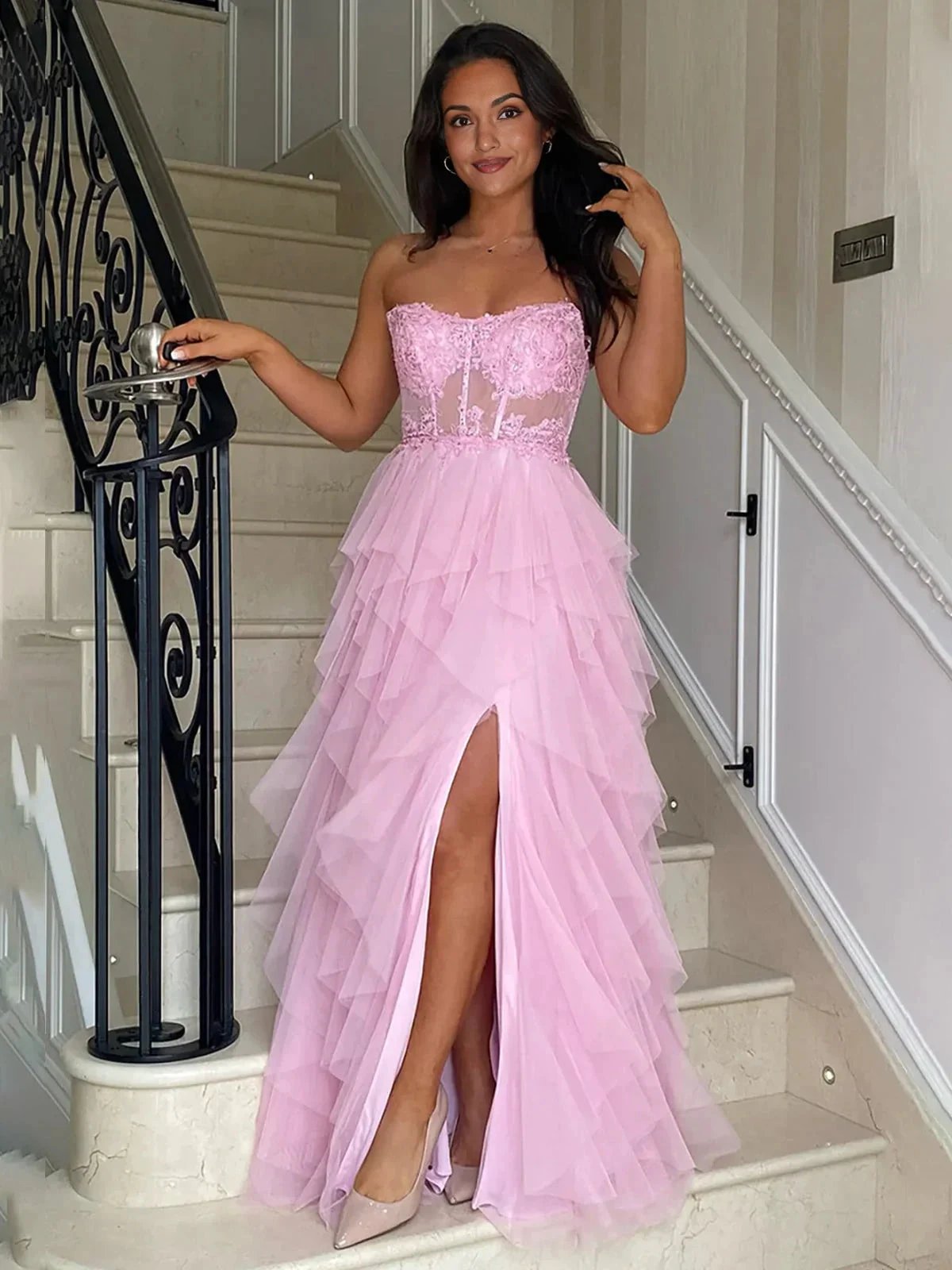 Adella | A-Line Tulle Blush Tiered Long Corset Strapless Prom Dress with Appliques by KissProm