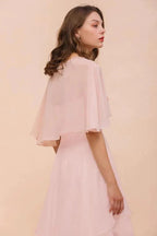 Blushing Pink Bridesmaid Dress Knee Length Simple Chiffon Girls Party Dress with Wraps by misshow.com