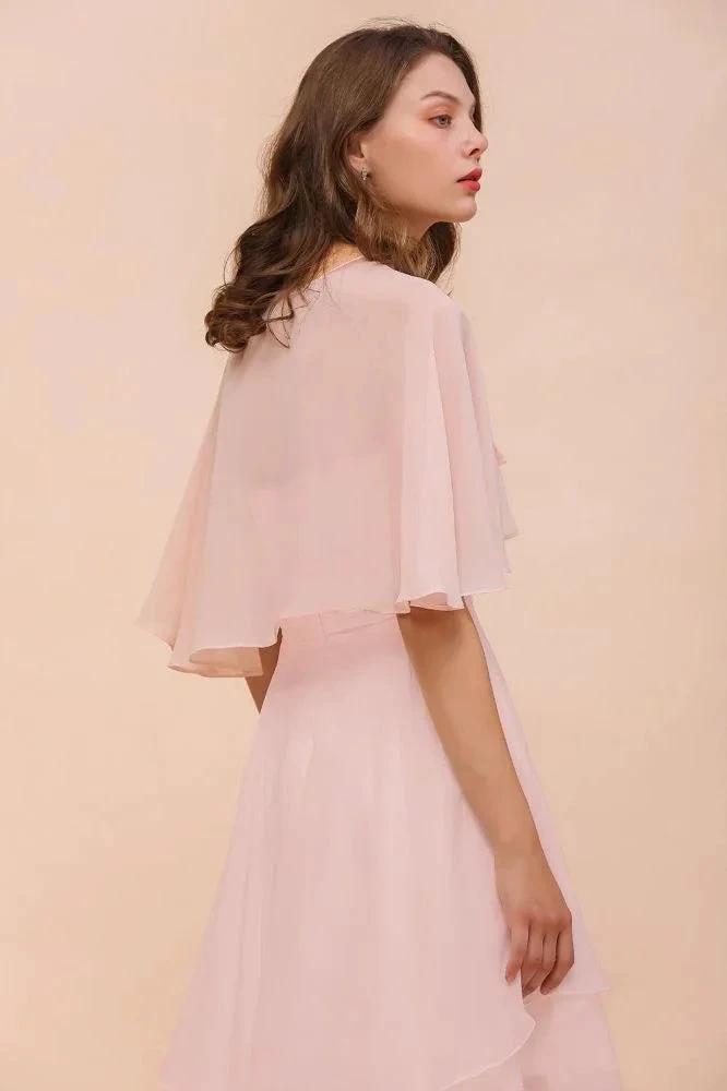 Blushing Pink Bridesmaid Dress Knee Length Simple Chiffon Girls Party Dress with Wraps by misshow.com