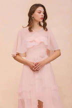 Blushing Pink Bridesmaid Dress Knee Length Simple Chiffon Girls Party Dress with Wraps by misshow.com