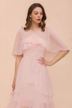 Blushing Pink Bridesmaid Dress Knee Length Simple Chiffon Girls Party Dress with Wraps by misshow.com