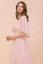 Blushing Pink Bridesmaid Dress Knee Length Simple Chiffon Girls Party Dress with Wraps by misshow.com