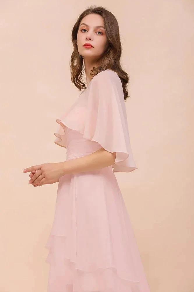 Blushing Pink Bridesmaid Dress Knee Length Simple Chiffon Girls Party Dress with Wraps by misshow.com