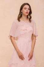 Blushing Pink Bridesmaid Dress Knee Length Simple Chiffon Girls Party Dress with Wraps by misshow.com