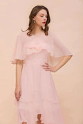 Blushing Pink Bridesmaid Dress Knee Length Simple Chiffon Girls Party Dress with Wraps by misshow.com