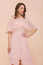 Blushing Pink Bridesmaid Dress Knee Length Simple Chiffon Girls Party Dress with Wraps by misshow.com