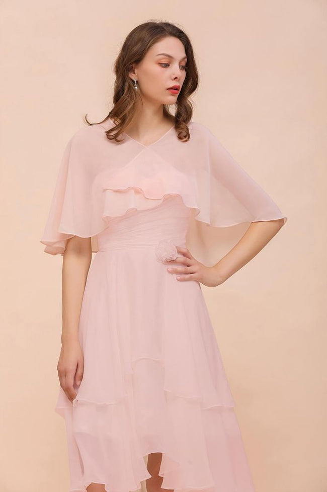 Blushing Pink Bridesmaid Dress Knee Length Simple Chiffon Girls Party Dress with Wraps Hover Image