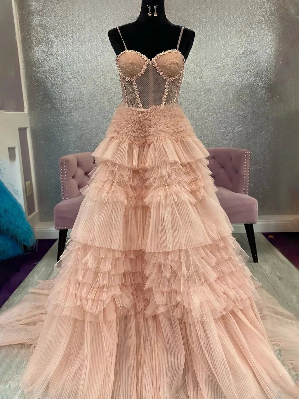 Averi | Blushing Pink Tulle Ruffle Layers Lace-Up Back A-Line Prom Dress by KissProm