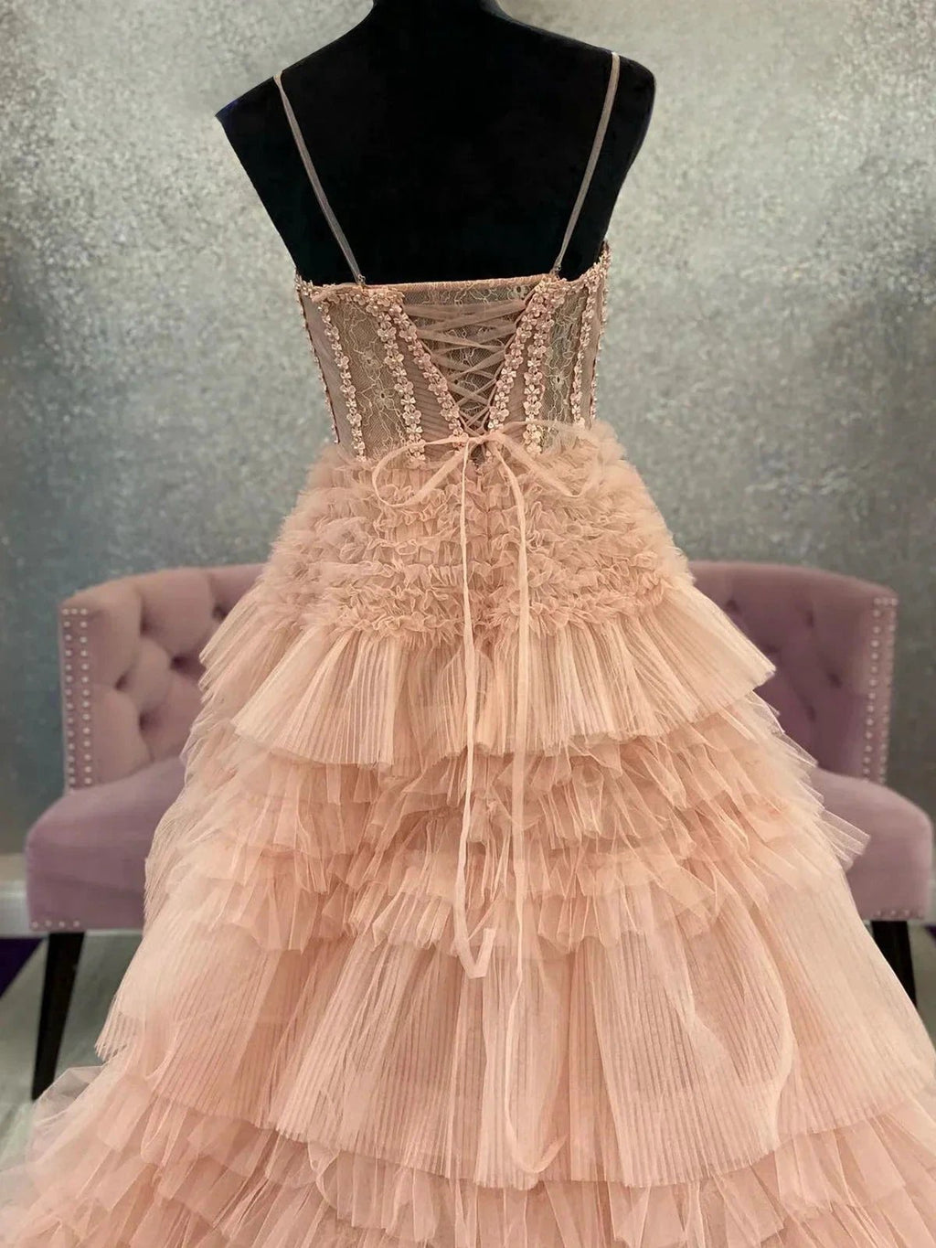 Averi | Blushing Pink Tulle Ruffle Layers Lace-Up Back A-Line Prom Dress by KissProm