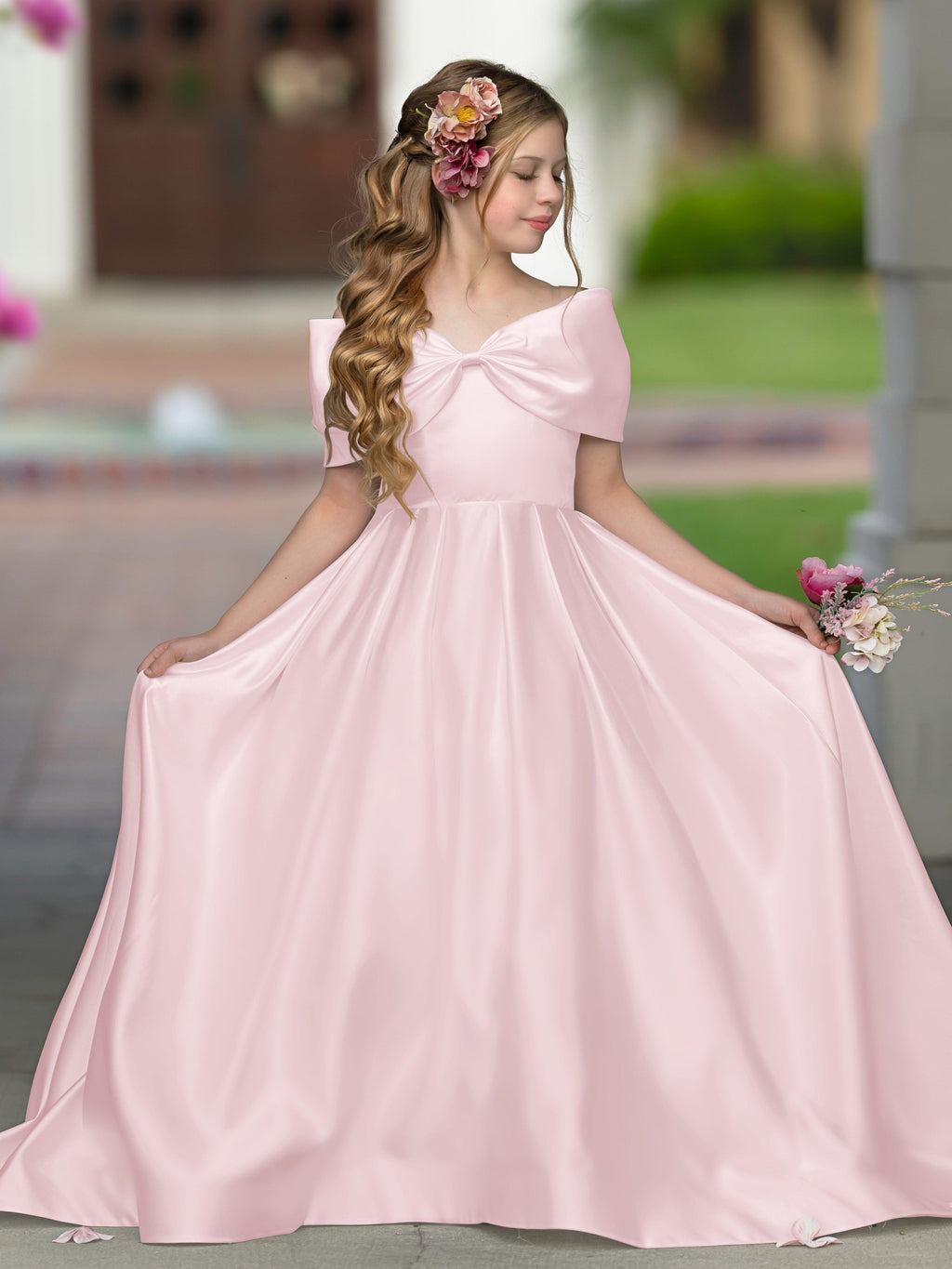 Elegant Ivory Satin Princess Ball Gown with Sweep Train and Bow for Flower Girls - photo 1