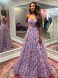 Bobbie | A-Line Sweetheart Purple Floral Print Ruffle Long Prom Dress by KissProm