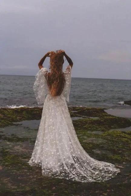 Boho A-Line Long Sleeves Backless Wedding Dresses With Lace by misshow.com