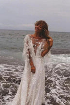 Boho A-Line Long Sleeves Backless Wedding Dresses With Lace by misshow.com