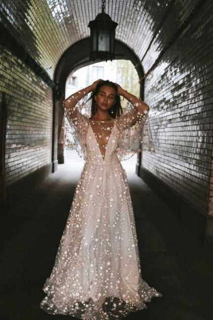 Boho A-Line Long Sleeves Backless Wedding Dresses With Lace Hover Image