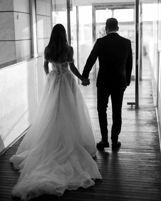 Boho A-Line Tulle Off-the-shoulder Wedding Dresses with Lace by misshow.com