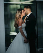 Boho A-Line Tulle Off-the-shoulder Wedding Dresses with Lace by misshow.com