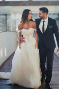 Boho A-Line Tulle Off-the-shoulder Wedding Dresses with Lace by misshow.com