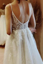 Boho A-line V-neck Backless Sleeveless Wedding Dresses With Lace by misshow.com