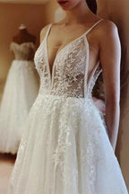 Boho A-line V-neck Backless Sleeveless Wedding Dresses With Lace by misshow.com