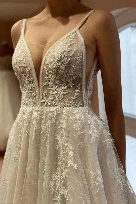 Boho A-line V-neck Backless Sleeveless Wedding Dresses With Lace by misshow.com
