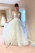Boho A-line V-neck Backless Sleeveless Wedding Dresses With Lace by misshow.com