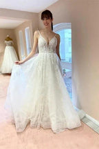 Boho A-line V-neck Backless Sleeveless Wedding Dresses With Lace by misshow.com