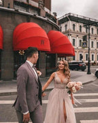 Boho A-line V-Neck Slit Wedding Dresses with Lace by misshow.com