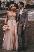 Boho A-line V-Neck Slit Wedding Dresses with Lace by misshow.com