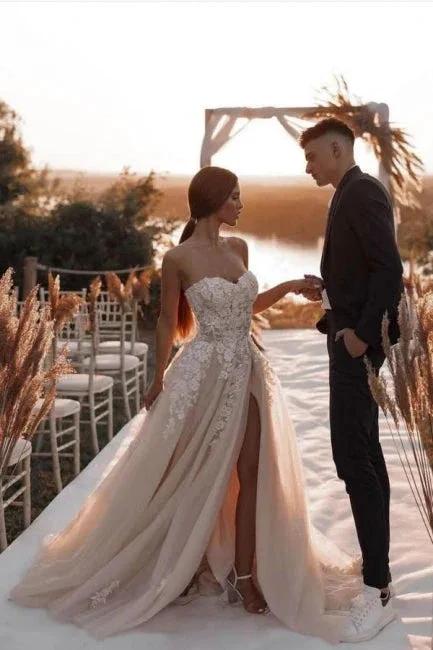 Boho Champagne A-Line Lace Sleeveless Tulle Wedding Dresses With Slit by misshow.com