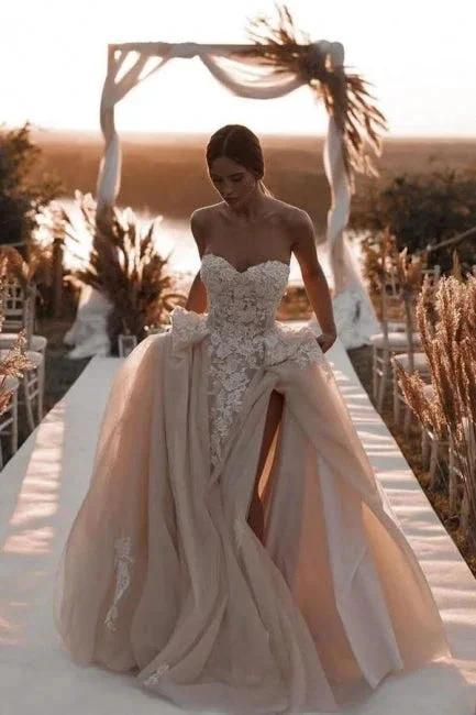 Boho Champagne A-Line Lace Sleeveless Tulle Wedding Dresses With Slit by misshow.com