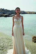 Boho Long A-line Tulle Sleeveless Wedding Dresses With Lace by misshow.com
