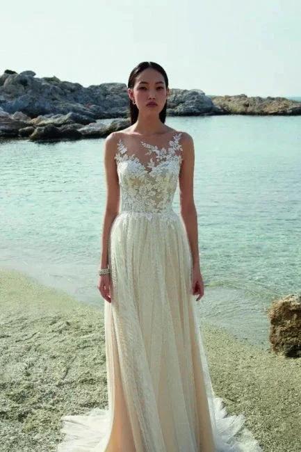 Boho Long A-line Tulle Sleeveless Wedding Dresses With Lace by misshow.com