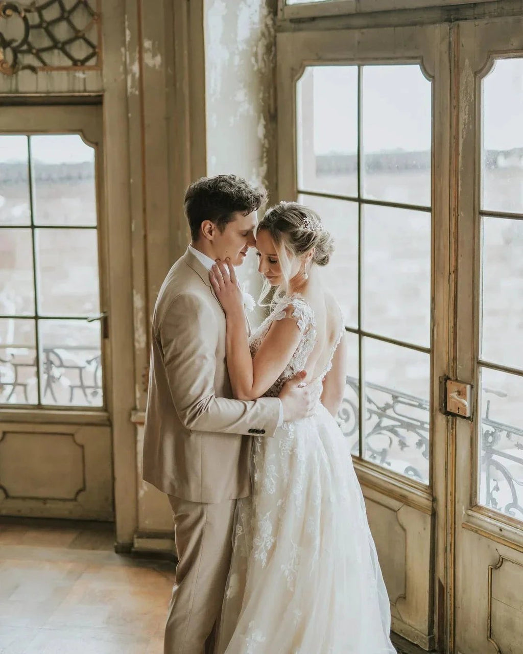 Boho Long A-line Tulle Wedding Dress with Lace Appliques by BIZTUNNEL