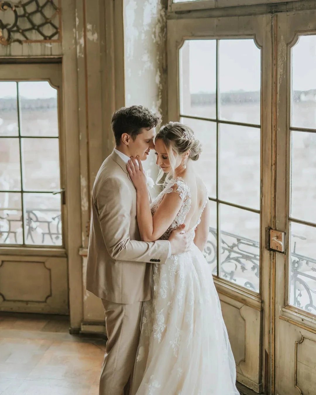 Boho Long A-line Tulle Wedding Dress with Lace Appliques by BIZTUNNEL