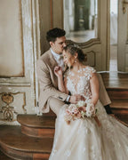 Boho Long A-line Tulle Wedding Dress with Lace Appliques by BIZTUNNEL