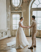 Boho Long A-line Tulle Wedding Dress with Lace Appliques by BIZTUNNEL