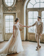 Boho Long A-line Tulle Wedding Dress with Lace Appliques by BIZTUNNEL