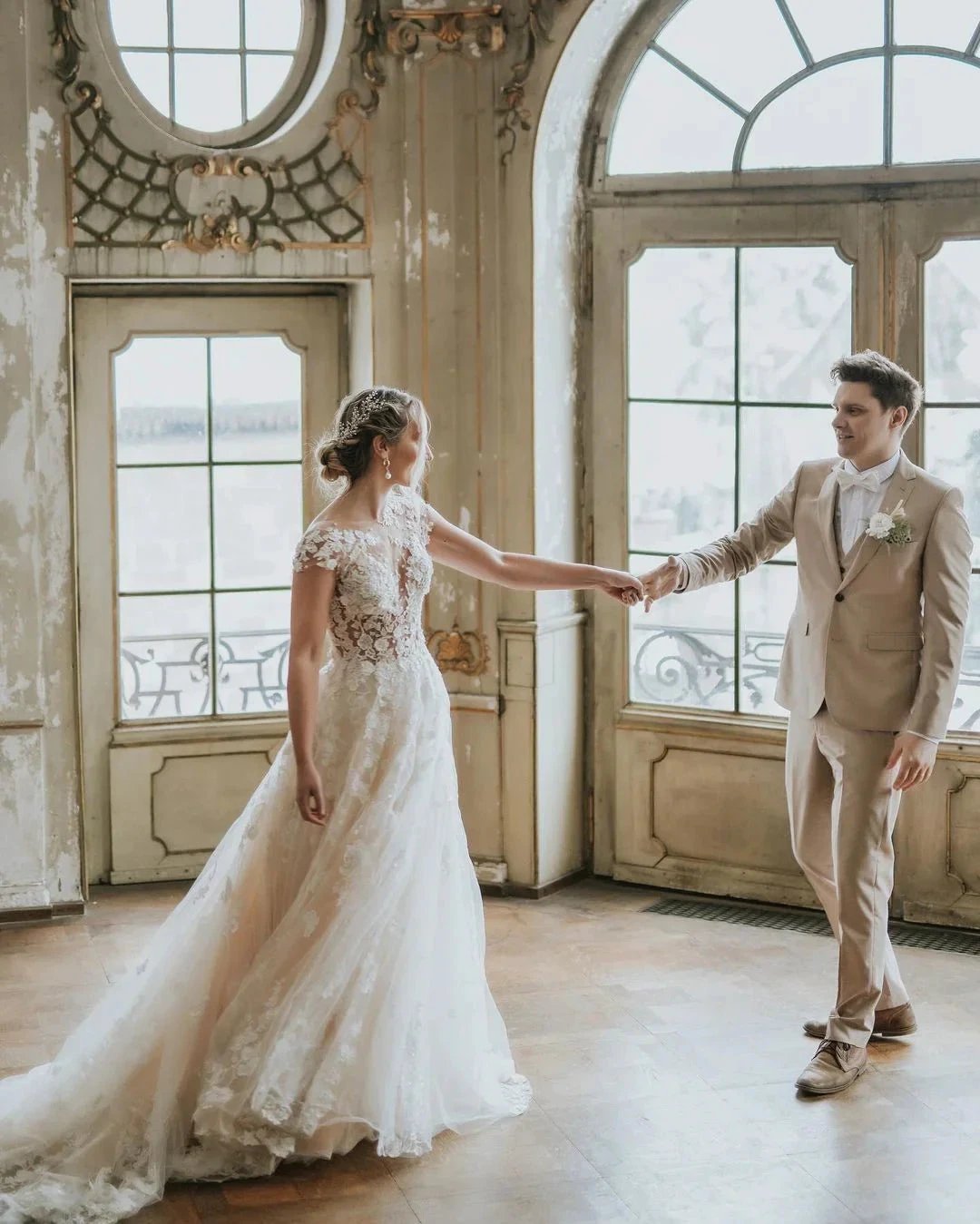 Boho Long A-line Tulle Wedding Dress with Lace Appliques by BIZTUNNEL