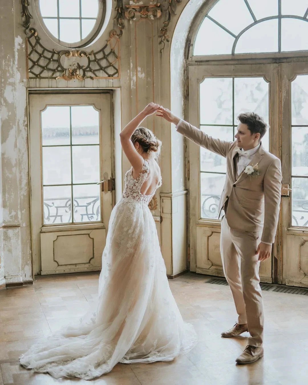 Boho Long A-line Tulle Wedding Dress with Lace Appliques by BIZTUNNEL