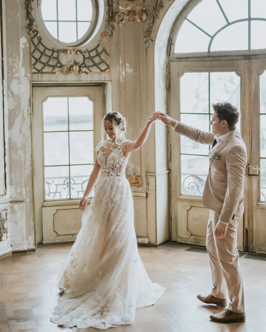 Boho Long A-line Tulle Wedding Dress with Lace Appliques by BIZTUNNEL