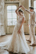 Boho Long A-line Tulle Wedding Dress with Lace Appliques by BIZTUNNEL