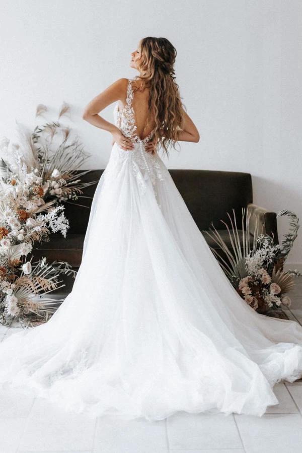 Boho Long A-line V-neck Lace Tulle Backless Wedding Dresses by BIZTUNNEL